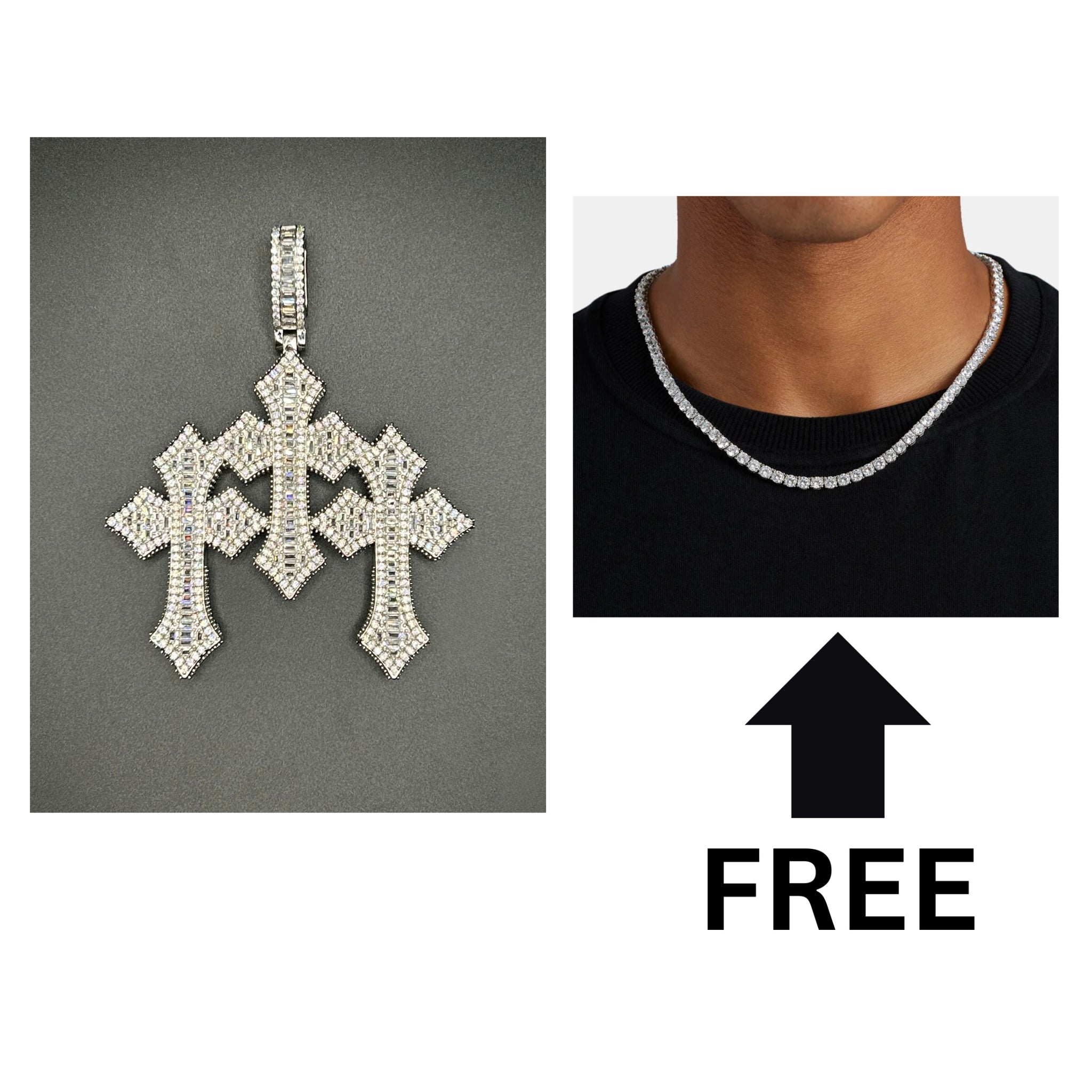 TRIPLE CROSS PENDANT + FREE 4MM TENNIS CHAIN